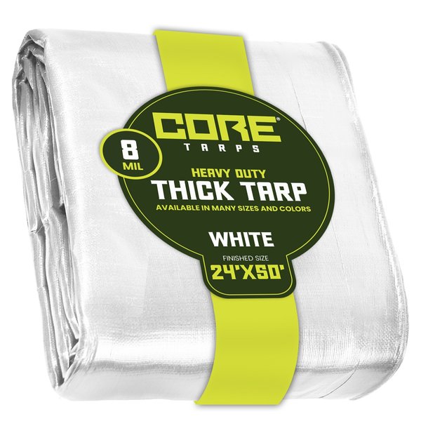 Core Tarps 50 ft L x 0.5 mm H x 24 ft W Heavy Duty 8 Mil Tarp, White, Polyethylene CT-404-24X50